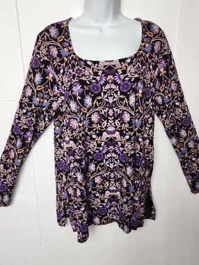 J Jill Purple Floral Long Sleeve Top Womens L Tunic Botanical Print Square Neck